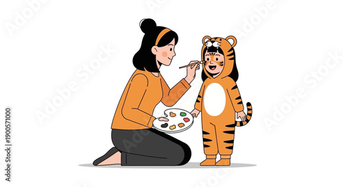 A mother is painting the face of her child who is dressed in a tiger costume.