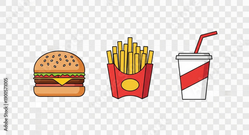 Burger fries and soda drink fast food meal illustration.
