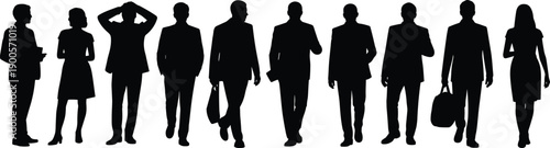 Black silhouette vector illustration of business people standing in corporate attire with briefcases, diverse poses, teamwork, professionalism and office design