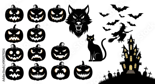 A collection of spooky Halloween-themed black silhouette graphics including pumpkins, a wolf, a cat, bats, a witch on a broomstick, and a haunted house with tombstones.