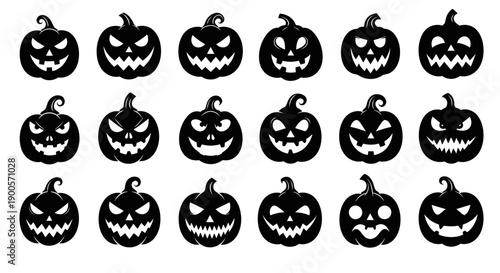 A collection of 18 black silhouette illustrations of carved Halloween pumpkins with various spooky and scary faces.