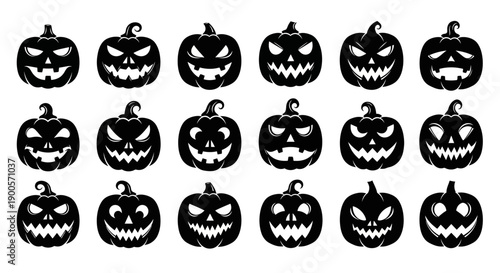 A collection of 18 black silhouette illustrations of carved Halloween pumpkins with various spooky and scary faces.