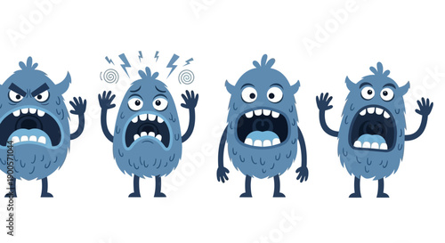 Four blue furry monsters with different angry and scared expressions on white background.