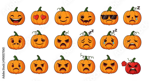 A collection of 18 cartoon pumpkins with various expressive faces, suitable for Halloween themes.