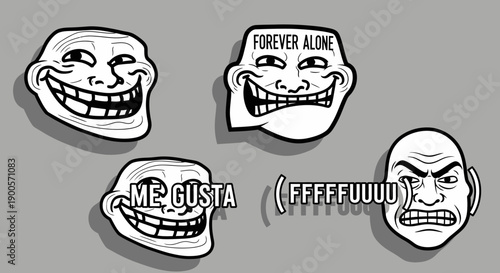 A collection of popular internet rage comic memes including Trollface, Forever Alone, Me Gusta, and Rage Guy.