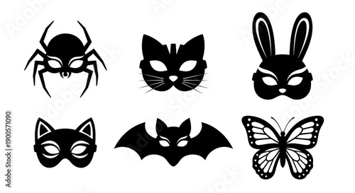 A collection of six black silhouette masks representing a spider, cat, bunny, bat, and butterfly, designed for costumes or parties.