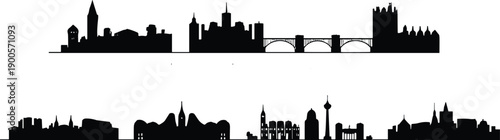 Black silhouette vector illustration of famous city skylines with towers, domes, bridges, architectural landmarks, urban landscape and skyline design