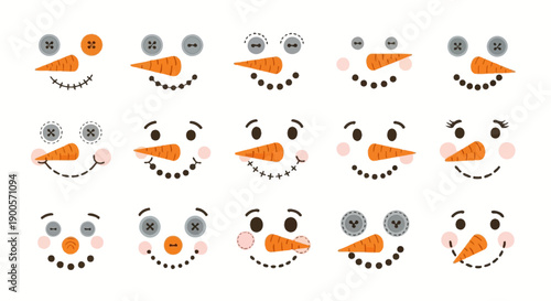 Collection of diverse snowman faces with carrot noses, button eyes, and smiling mouths on a white background.