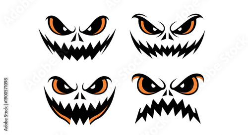 Four distinct, menacing Halloween pumpkin faces with sharp teeth and glowing orange eyes, set against a white background.
