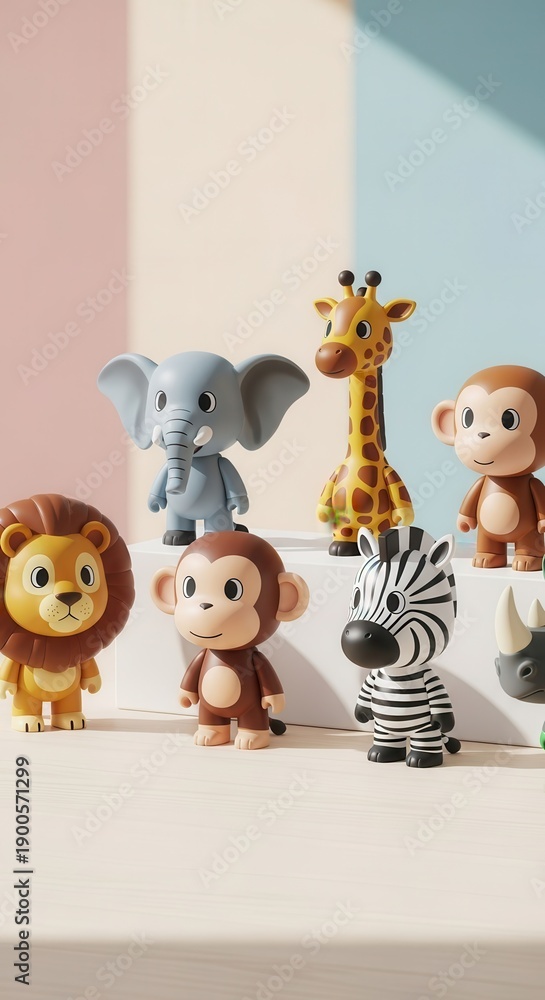Fototapeta premium Collection of stylized, colorful plastic jungle animal figures displayed on a light surface