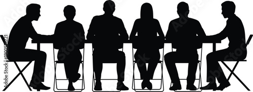Silhouette illustration of business team meeting around rectangular table, collaborative discussion concept, corporate teamwork, professional communication, office conference vector design