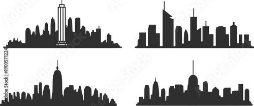 Silhouette illustration of diverse city skylines, modern urban architecture, iconic skyscrapers, metropolitan landmarks, global cityscape design, professional vector artwork