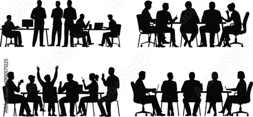 Professional office teamwork silhouettes showing business meeting, group collaboration, corporate discussion, brainstorming, communication,