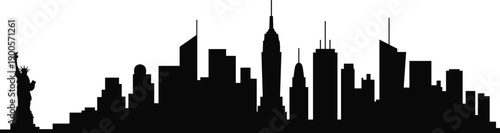 Silhouette vector of New York City skyline featuring Statue of Liberty, Empire State Building, iconic skyscrapers, urban architecture, metropolitan landmark design