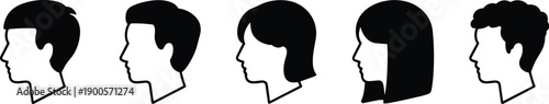 Silhouette vector illustration of diverse human head profiles with different hairstyles, male and female side view icons for design