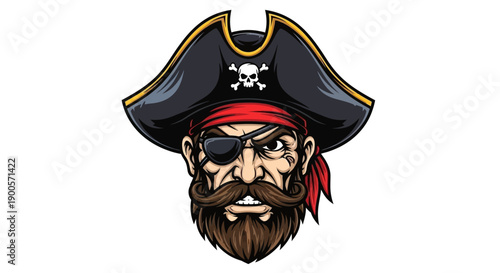 A fierce pirate with a beard, mustache, and eye patch wearing a tricorn hat with a skull emblem.