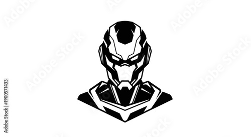 A striking black and white illustration of a futuristic robotic head with sharp angles and glowing eyes.