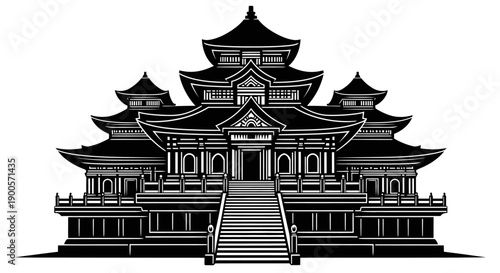 A detailed black and white illustration of a grand, multi-tiered traditional East Asian palace or temple with intricate architectural details and a wide staircase leading to the entrance.