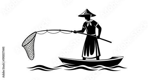Silhouette of a person in a conical hat fishing from a boat with a net.