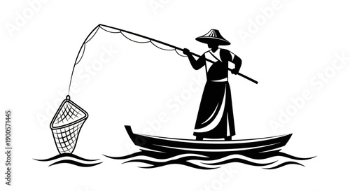 Silhouette of a person in a conical hat fishing from a boat with a net.