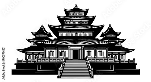 A detailed black and white illustration of a traditional East Asian temple with multiple tiered roofs and a grand staircase leading to the entrance.