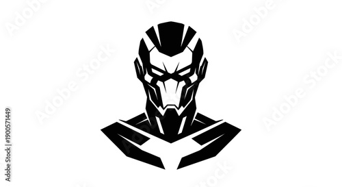 A striking black and white graphic illustration of a futuristic cyborg or robot head.