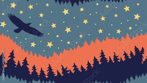 Night sky with flying bird and forest landscape