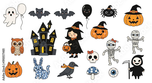 A collection of cute and spooky Halloween-themed illustrations featuring ghosts, bats, pumpkins, witches, mummies, and haunted houses.