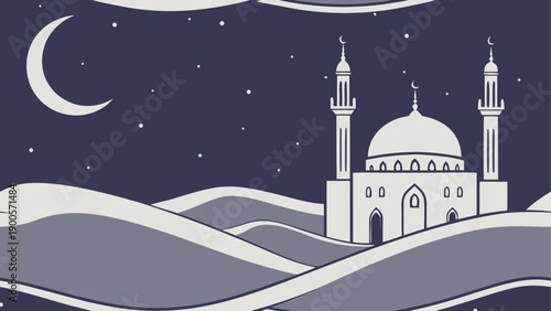 Minimalist night landscape with mosque and crescent moon