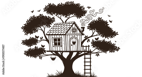A whimsical silhouette of a charming treehouse nestled within the branches of a large tree, complete with a ladder and a bucket.