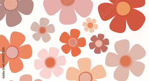 A collection of stylized retro flowers in warm earthy tones on a white background.