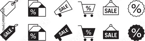 Black and white sale discount icons with shopping cart and tags