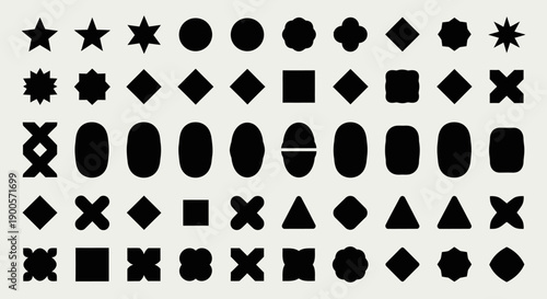 A collection of various geometric and abstract shapes, including stars, circles, diamonds, squares, and rounded rectangles, presented in black silhouette against a light background.