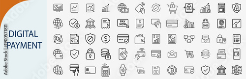 Digital payment and online banking icon set, financial technology vector illustration