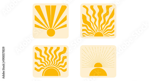 Four stylized illustrations of sunrises or sunsets in warm yellow and orange tones, featuring abstract sunburst patterns and wavy lines.