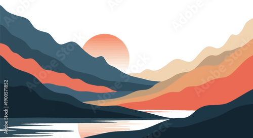 Serene mountain landscape with a vibrant sunset reflecting on a calm lake.