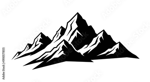 A stylized black and white illustration of a majestic mountain range with sharp peaks and dramatic shadows.
