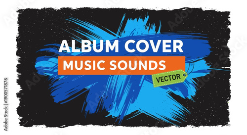 Album Cover Music Sounds Vector Graphic with Blue Brush Strokes on Black Background.