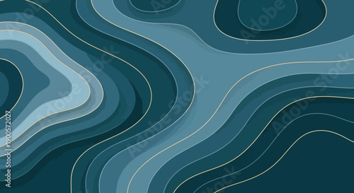 Abstract blue and teal layered background with golden lines, resembling a topographic map or fluid waves.