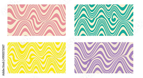 Four groovy retro wavy patterns in different pastel colors, creating a psychedelic and abstract background design for various uses.
