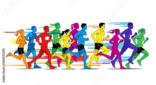 Vibrant illustration of a diverse group of runners participating in a race, depicted with colorful motion streaks to emphasize speed and energy