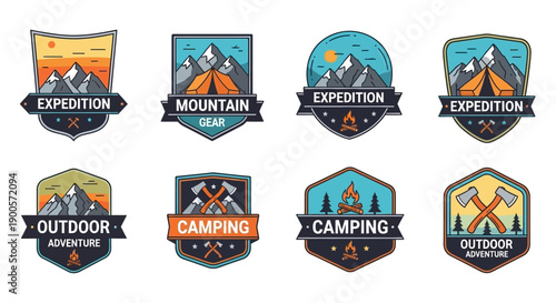 Collection of eight distinct badges and emblems representing outdoor adventure, mountain expeditions, and camping activities.