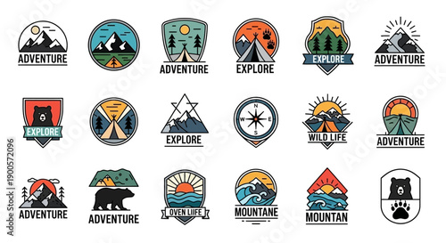 A collection of colorful outdoor adventure and nature-themed logos featuring mountains, trees, tents, and wildlife, designed in a flat line-art style.