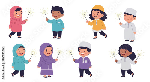 Happy Muslim children celebrating with sparklers