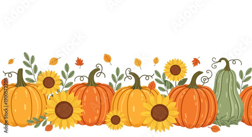 Autumn harvest border with various pumpkins, sunflowers, and falling leaves on a white background, perfect for fall designs.
