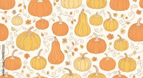 A seamless pattern featuring a variety of pumpkins and gourds in shades of orange and yellow, interspersed with delicate vine and leaf motifs on a cream background.