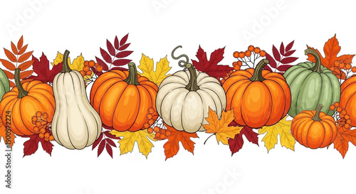 A vibrant autumn border featuring an assortment of pumpkins, gourds, colorful fall leaves, and berries on a white background.
