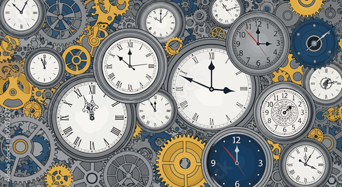 An intricate collage of various clocks and gears, representing the passage of time and mechanical complexity