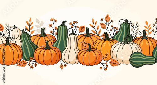 Autumn harvest border with various pumpkins and gourds, featuring fall leaves and berries on a light background, perfect for seasonal designs.