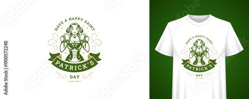 Saint Patricks Day greeting template with beautiful woman holding beer mugs. Vintage t-shirt print design. Irish holiday retro badge vector illustration for festive celebration, pub bar party